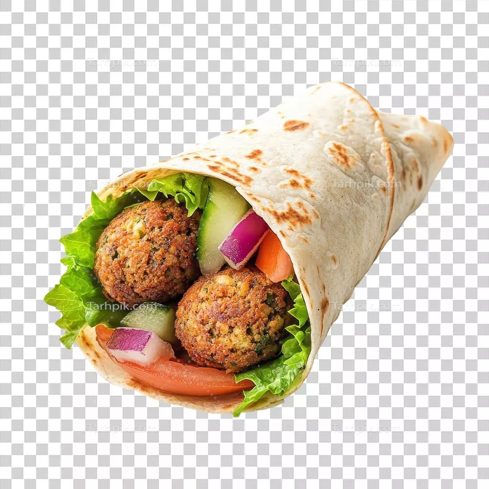 Wrap تازه فلافل پر شده با سبزیجات و گیاهان بر روی پس‌زمینه شفاف