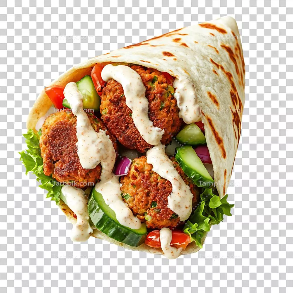 پیراشکی فلافل خوشمزه با سبزیجات و سس tahini در پس‌زمینه شفاف