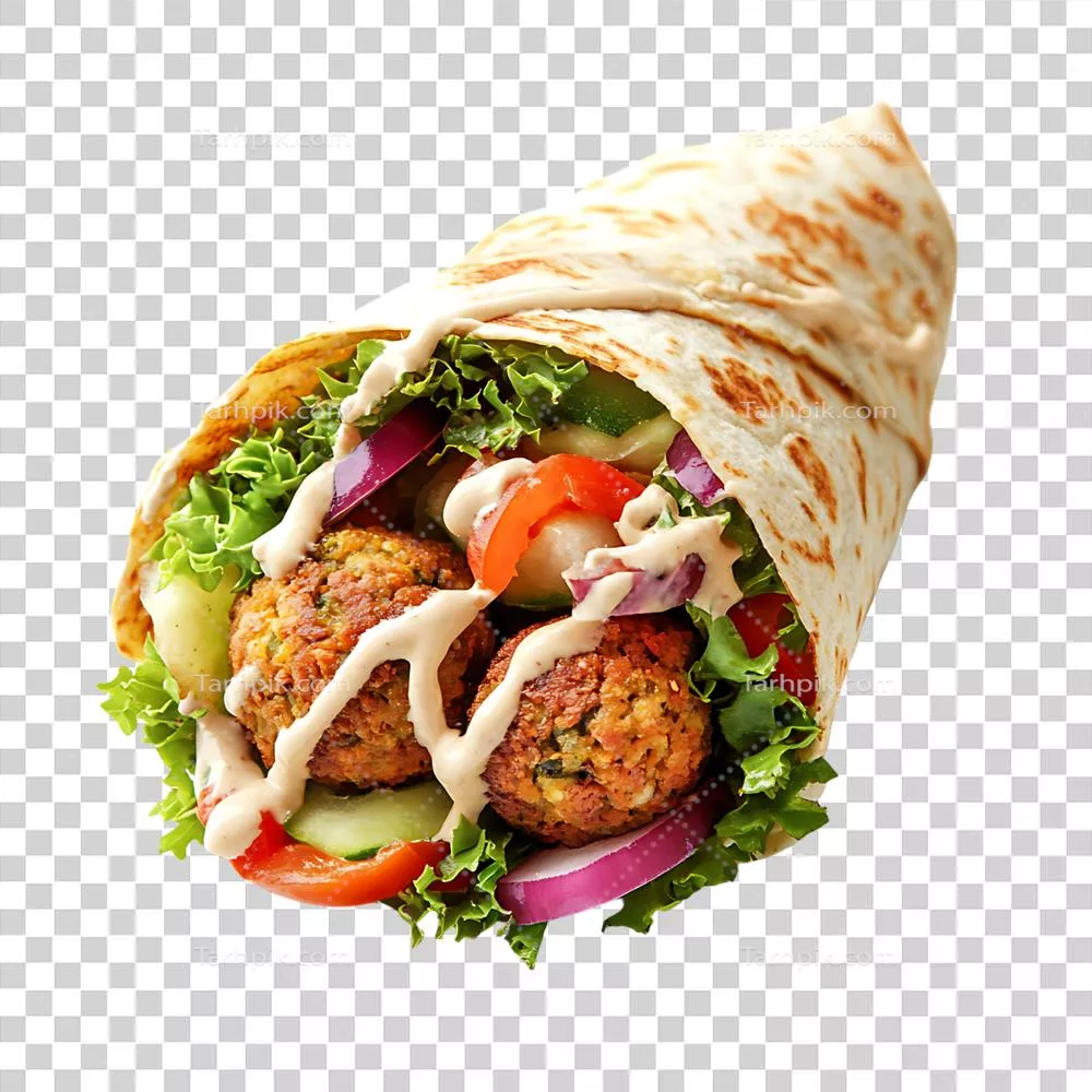 نزدیک نمای یکWrap فلافل خوشمزه با سبزیجات و سس کنجد روی پس زمینه شفاف