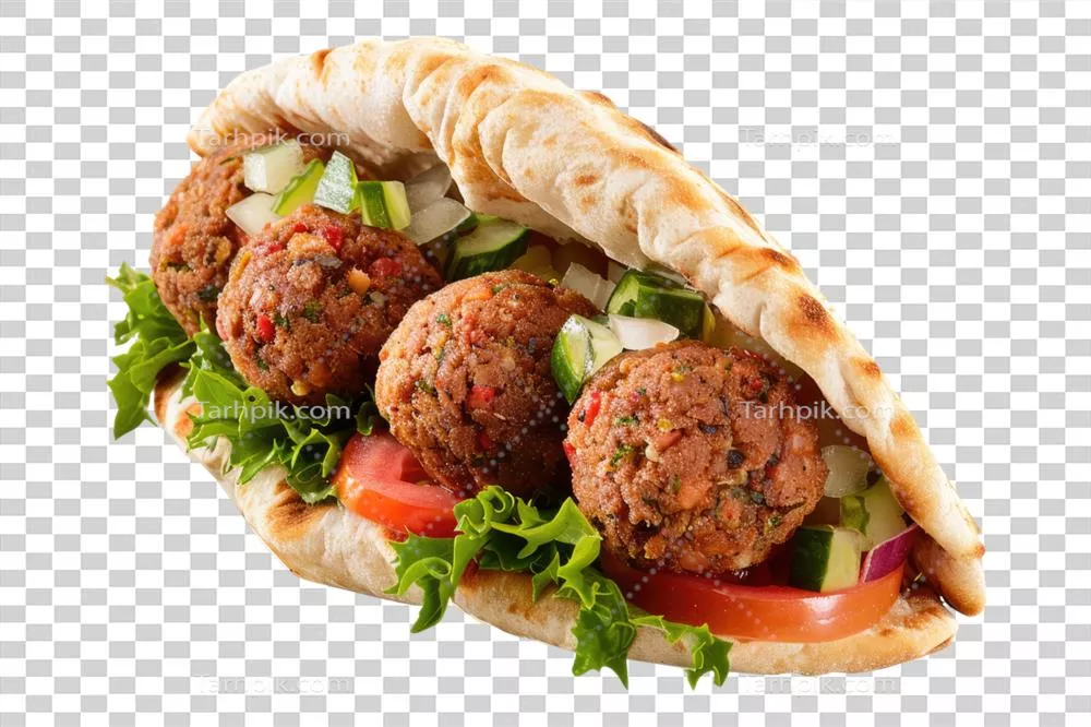 فلافل تازه و اصیل با توپک های خوشمزه در پس‌زمینه شفاف