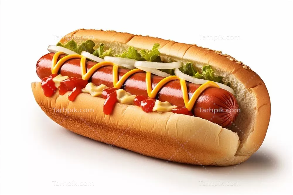 هَفت ساندویچ هات داگ بر روی پس‌زمینهٔ سفید - تولید شده با هوش مصنوعی