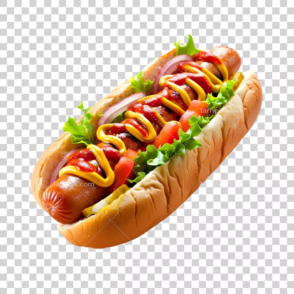 سوسیس‌های داغ با پوشش سبزیجات بر روی پس‌زمینه شفاف