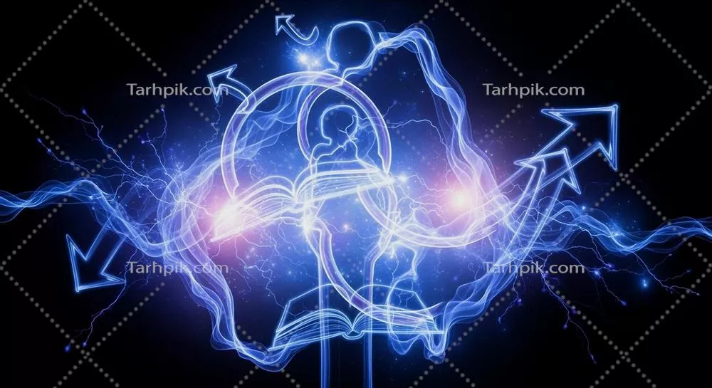 هنر دیجیتال انتزاعی از یک شخص با پیکان‌ها و انرژی‌های متنوع