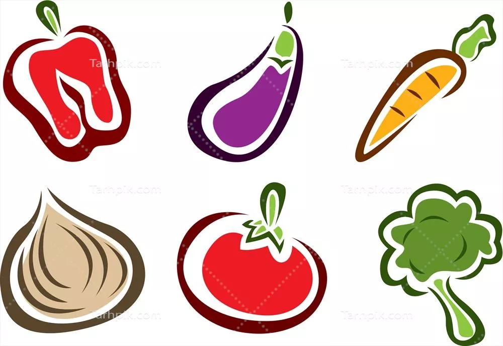 مجموعه طراحیهای وکتوری از نمادهای سبزیجات شامل بادمجان، کلم بروکلی و گوجهفرنگی و غیره