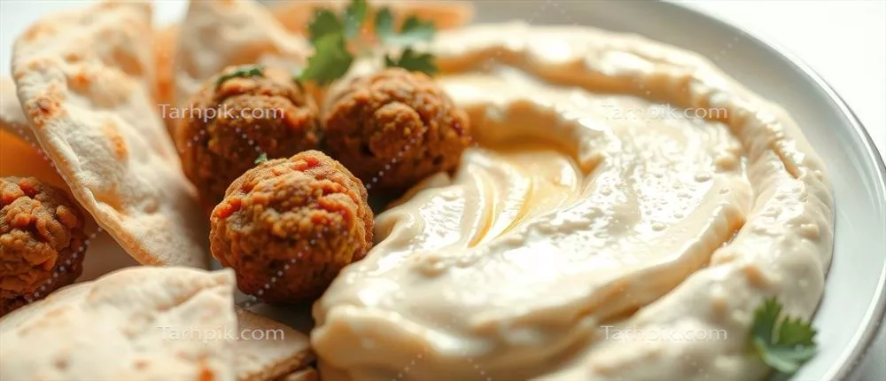 نزدیک نمایی از حمص با نان پیتا و کوفتههای لذیذ