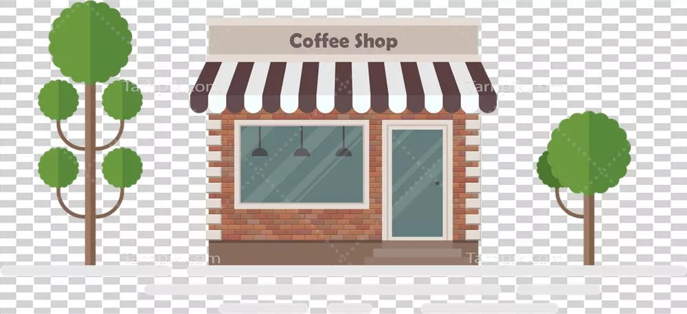 عکس دوربری تصویر وکتوری از ساختمان قهوهخانه و درختان زیبا در اطراف آن