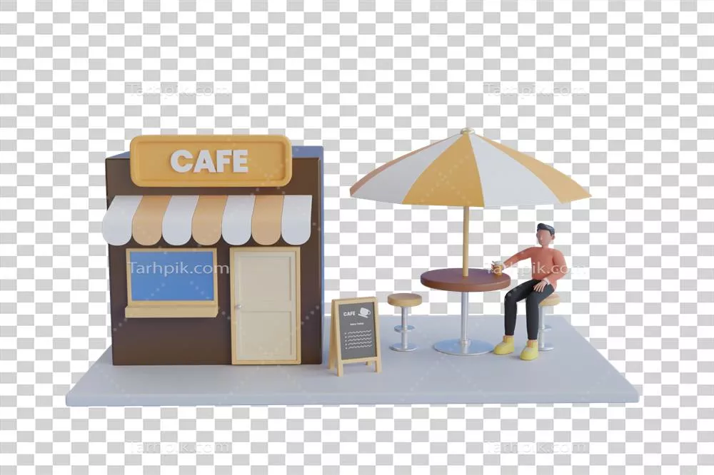 عکس دوربری ترسیم سهبعدی نمای جلویی یک کافیشاپ دنج با جزئیات زیبا
