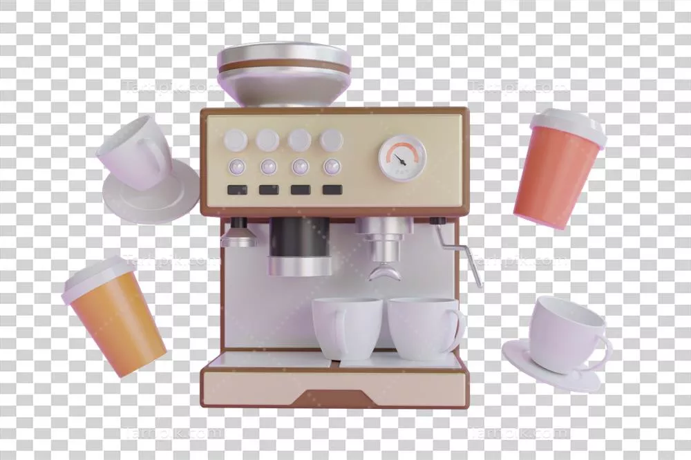 عکس دوربری تصویر سه‌بعدی از دستگاه قهوه‌ساز قهوه‌خانه با نمای جلو و قهوه گرمی در دو فنجان