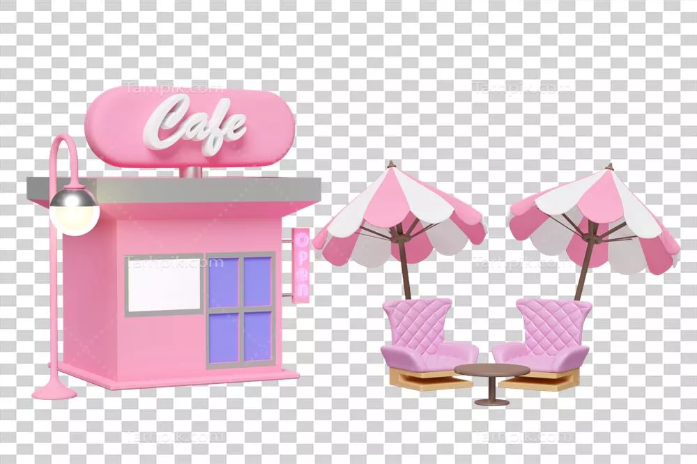 عکس دوربری فروشگاه و کافه 3D با برچسب باز و دکور تابستانی رویایی