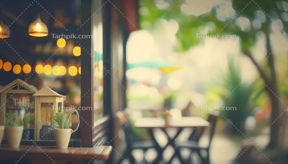 عکس کافهای با پسزمینهی تار، در باغی زیبا با افکت بوکه و هوش مصنوعی پیشرفته