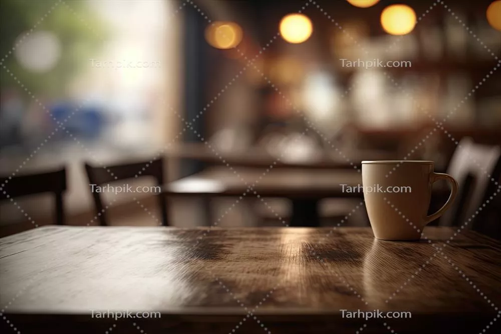 عکس تصویرسازی هوش مصنوعی تولیدی از زمینه تار کافه یا رستوران با میز چوبی خالی