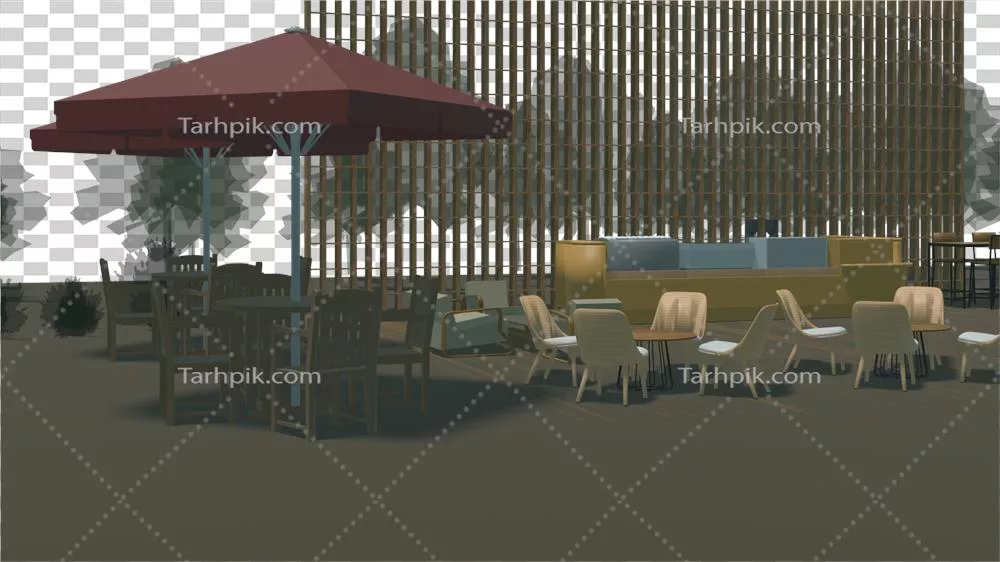 عکس دوربری تصویر سه بعدی از یک قهوهخانه مدرن و دنج با جزئیات زیبا