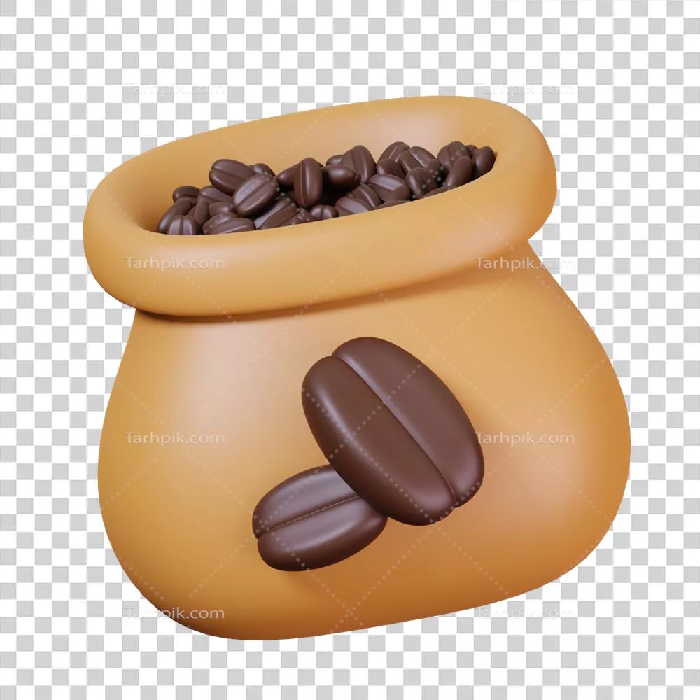 عکس دوربری کیسه هسین باز برای دانه های قهوه، نماد کافه و فروشگاه قهوه - تصویر سه بعدی