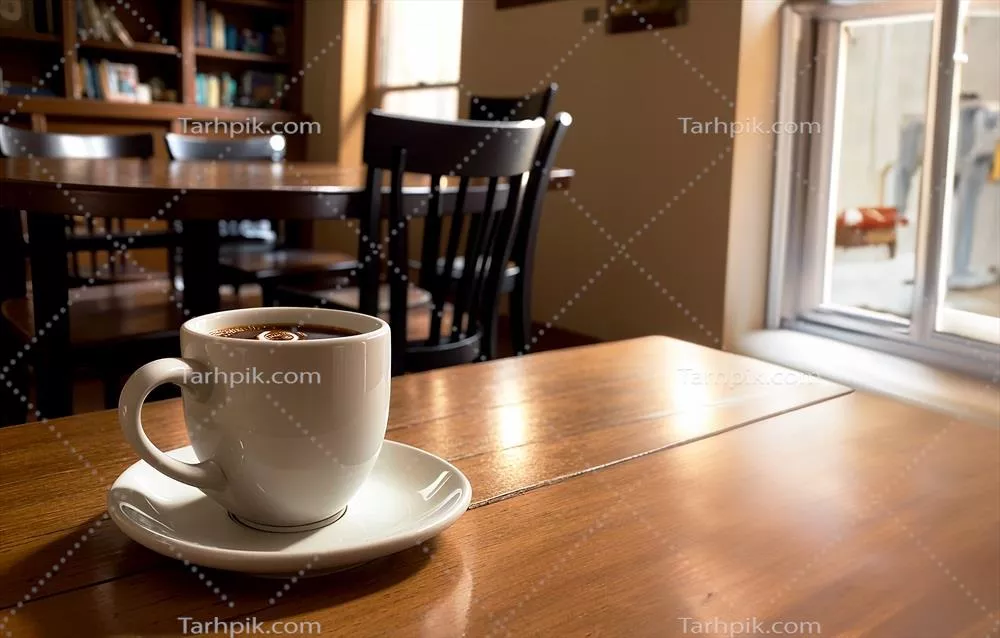 عکس تصویری واقعی از یک فنجان قهوه بر روی میز چوبی در یک کافه دنج و آرامش‌بخش