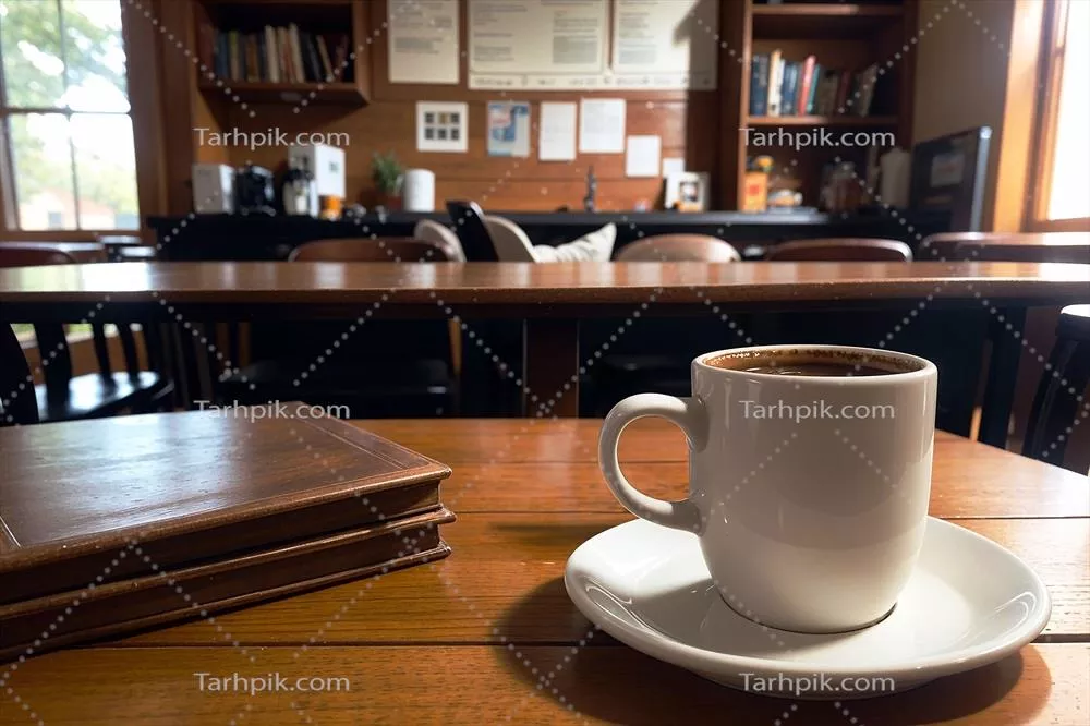 عکس تصویری واقعی از فنجان قهوه روی میز چوبی در کافی شاپ با فضایی دلپذیر