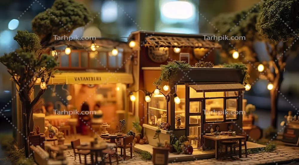 عکس کافه ای دلپذیر و دنج در کنار بزرگراه شلوغ با نور گرم غروب و چشم انداز رنگارنگ غروب