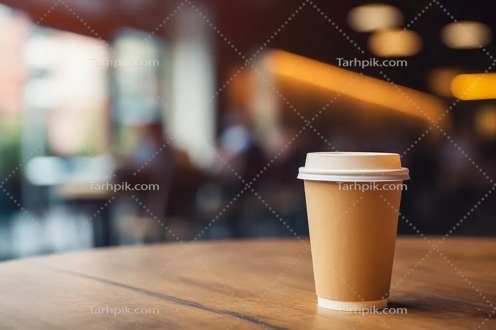عکس فنجان قهوه کاغذی قهوهای روی میز در پسزمینه کافه - هوش مصنوعی مولد