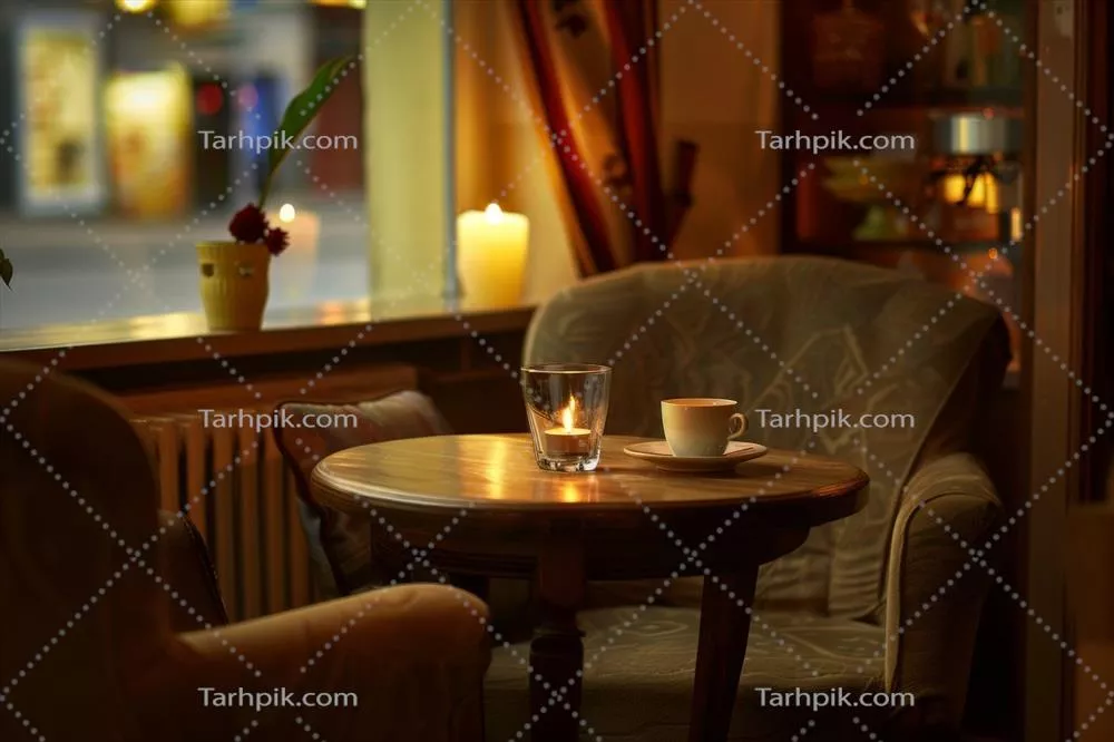 عکس مبلمان چوبی و روشنایی تولید شده توسط هوش مصنوعی در کافه با طراحی مولد