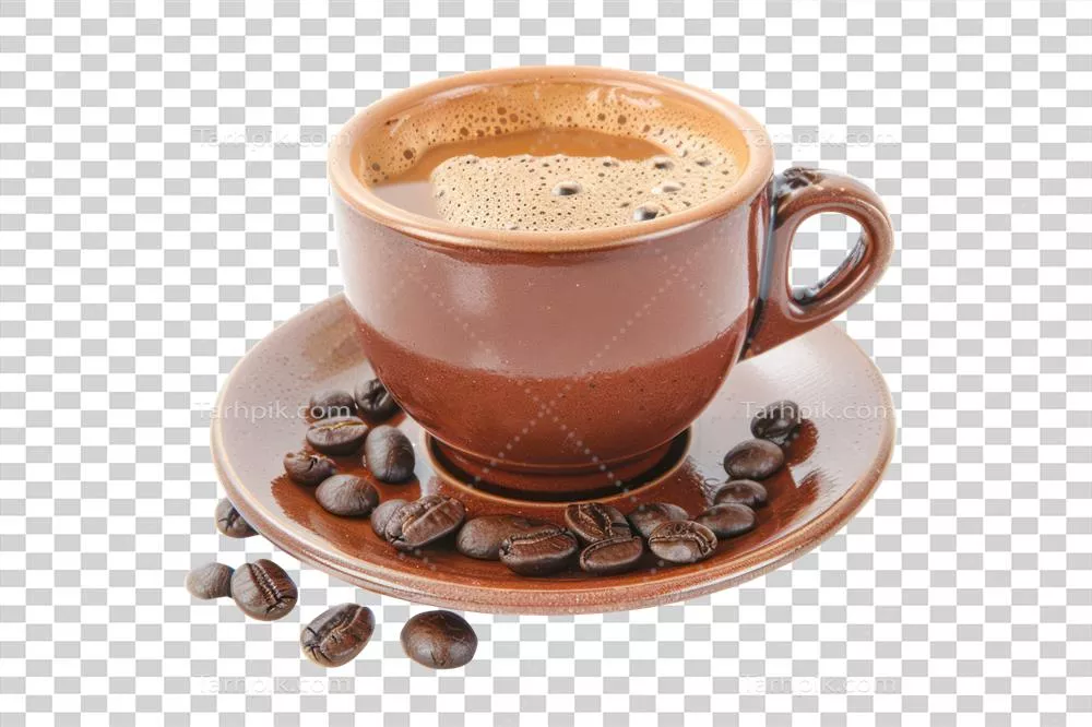 عکس دوربری قهوه اسپرسو غنی تولید شده با هوش مصنوعی در فنجان سرامیکی روی پس‌زمینه شفاف