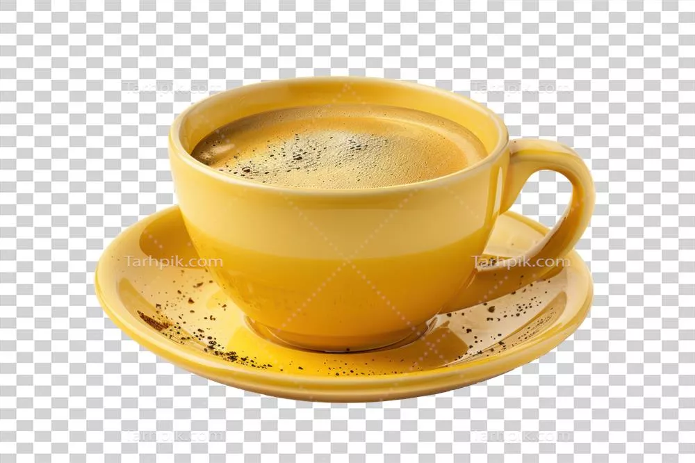 عکس دوربری فنجان قهوه زرد روشن با اسپرسو بر روی پس‌زمینه شفاف