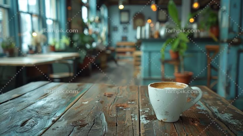 عکس فنجان قهوه بر روی میز چوبی با فضای دلپذیر و آرام
