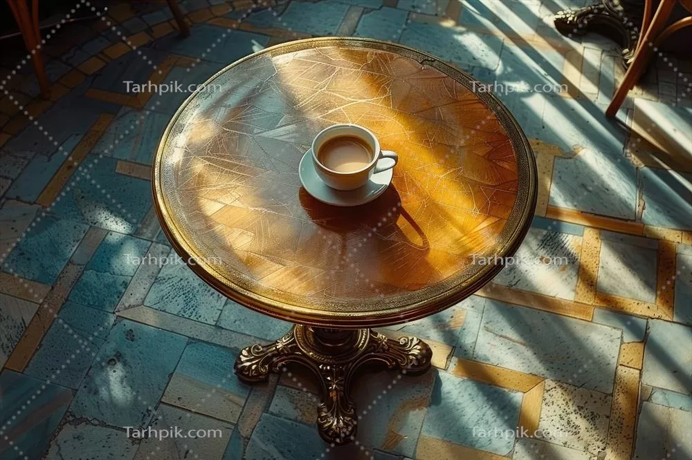 عکس یک فنجان داغ قهوه در صبحگاه بر روی میز کافه - عکاسی غذایی حرفهای