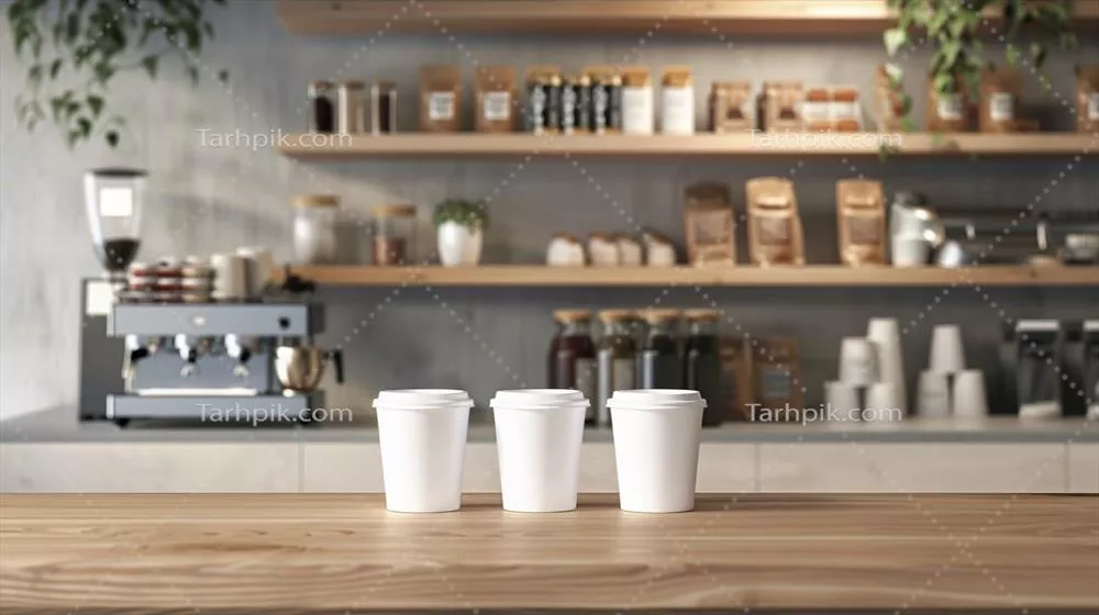 عکس دکوری مدرن برای پیشخوان قهوهفروشی با کاپ قهوه خالی برای نوشیدنیهای داغ