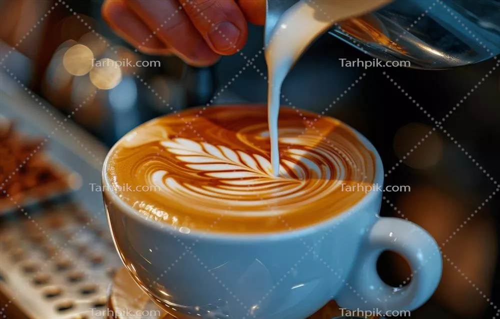عکس بارستا در حال ریختن شیر به داخل لاته با طراحی برگ در کافه