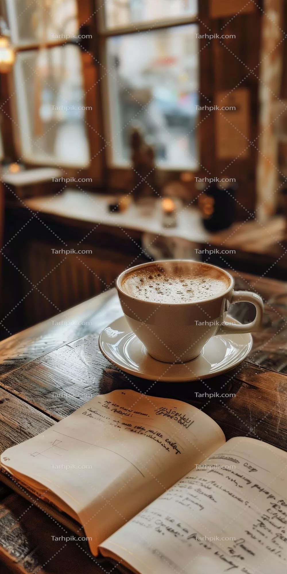 عکس یک فنجان قهوه روی میز چوبی: لذت از طعم و آرامش