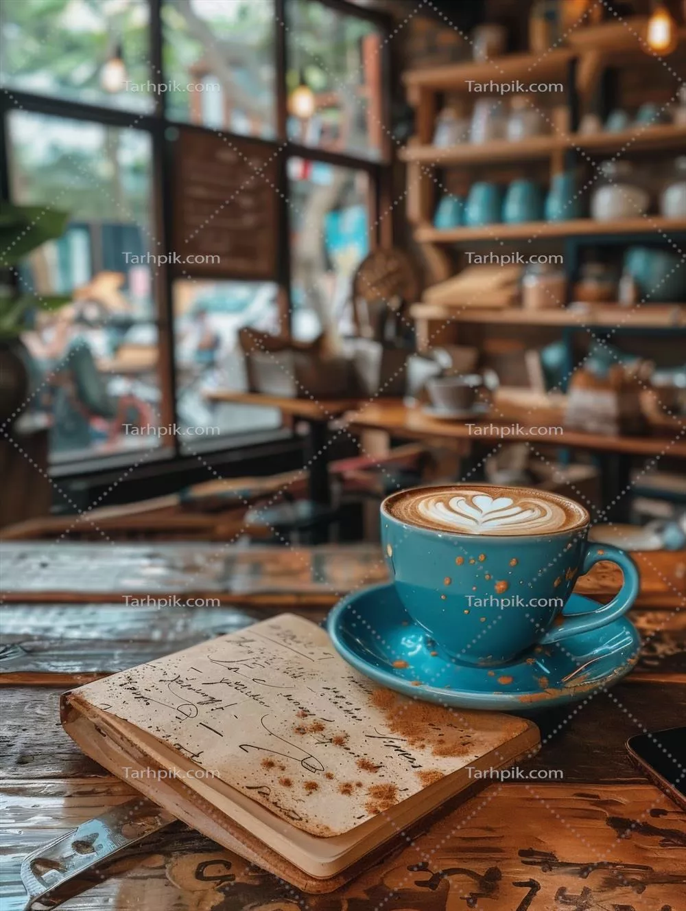 عکس یک فنجان قهوه بر روی میز چوبی با طراحی زیبا