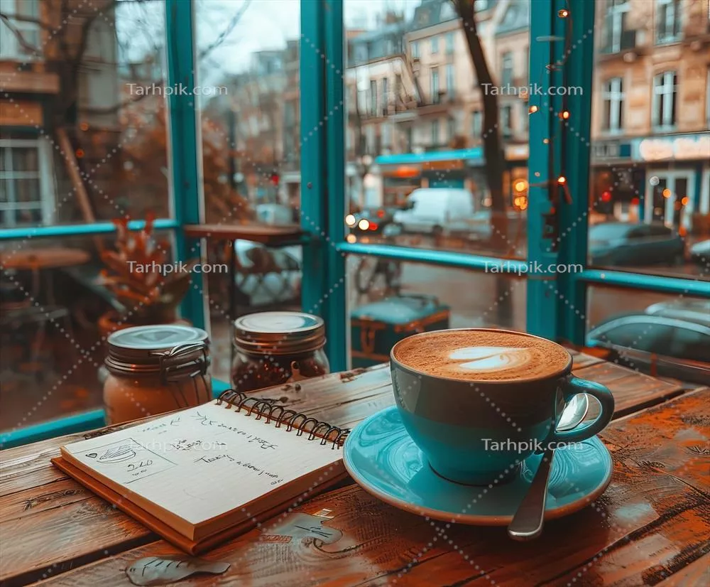 عکس یک فنجان قهوه روی میز چوبی: تجلی آرامش و لذت