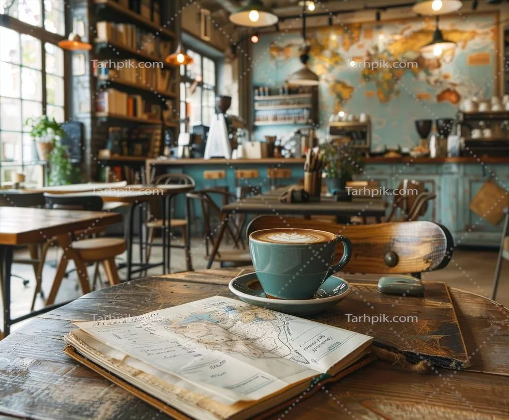عکس یک فنجان قهوه بر روی یک میز چوبی زیبا و ساده