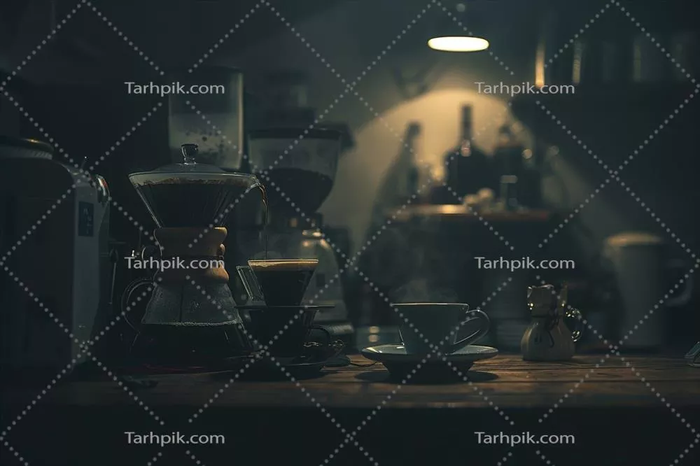 عکس دستگاه قهوه‌ساز و یک فنجان قهوه روی میز در یک محیط دلنشین