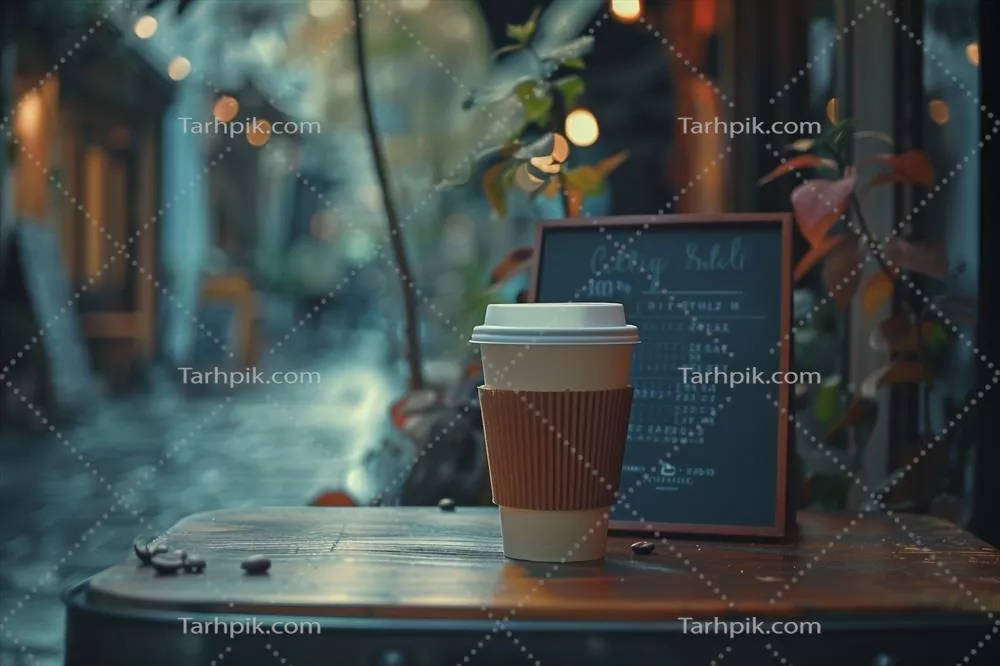 عکس فنجان قهوه روی میزی در مقابل پسزمینه یک کافه