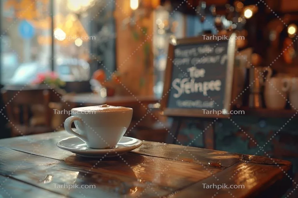 عکس یک فنجان قهوه بر روی میزی چوبی در مقابل پسزمینهای از تابلو