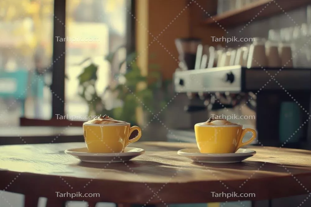 عکس فنجانهای زرد شاداب قهوه روی میزی روستایی و دلانگیز