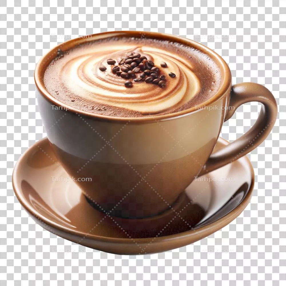 عکس دوربری کاپوچینو در یک فنجان قهوه قهوه‌ای با نعلبکی زیبا