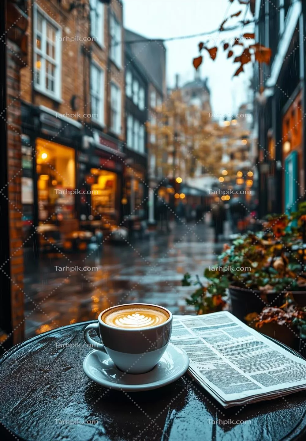 عکس فنجان قهوه دنج روی میز در یک بعدازظهر بارانی در خیابانی پر از فروشگاه و روشنایی گرم