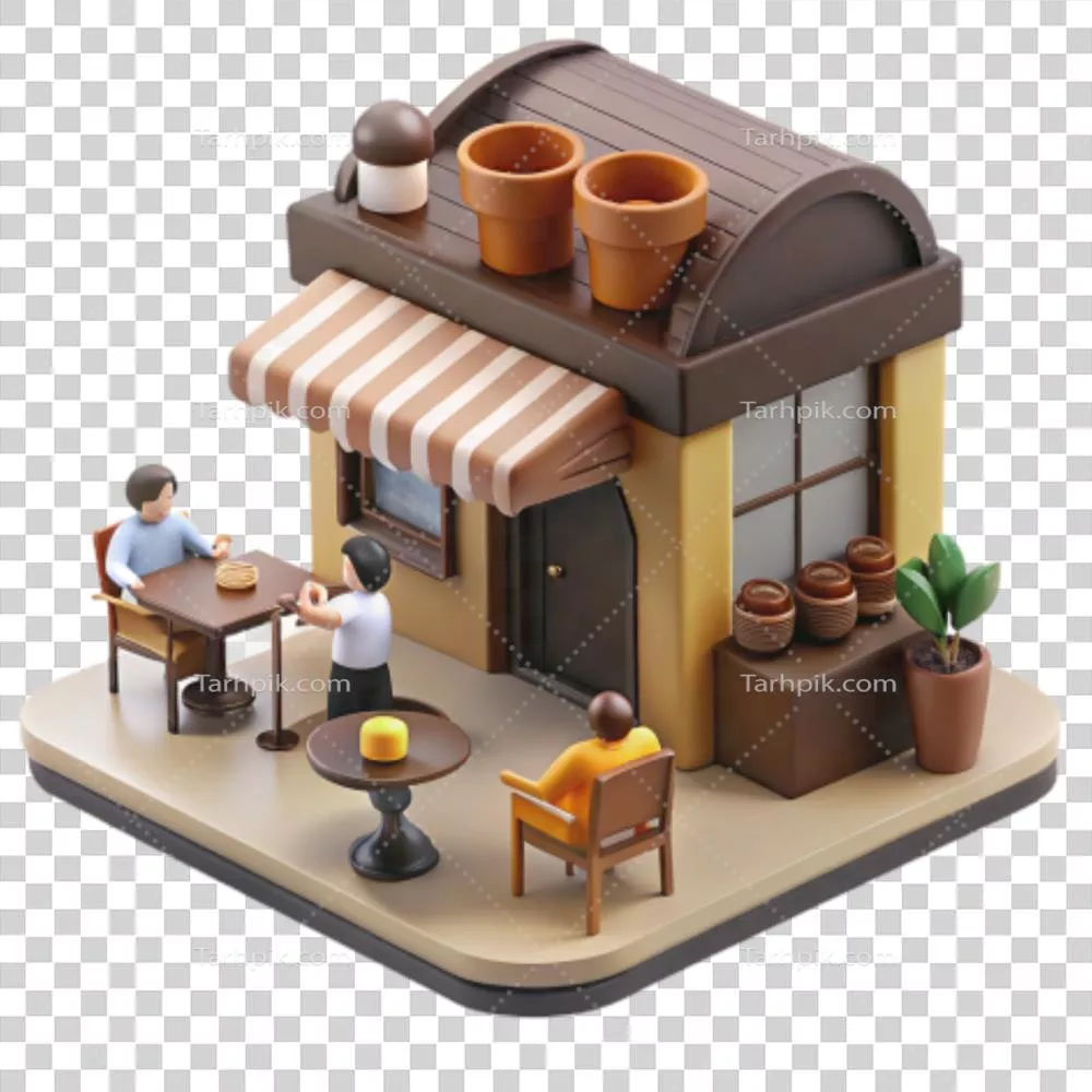 عکس دوربری نمایش سه بعدی دراماتیک و کلاسیک از یک کافه دنج در فضای باز و اصیل