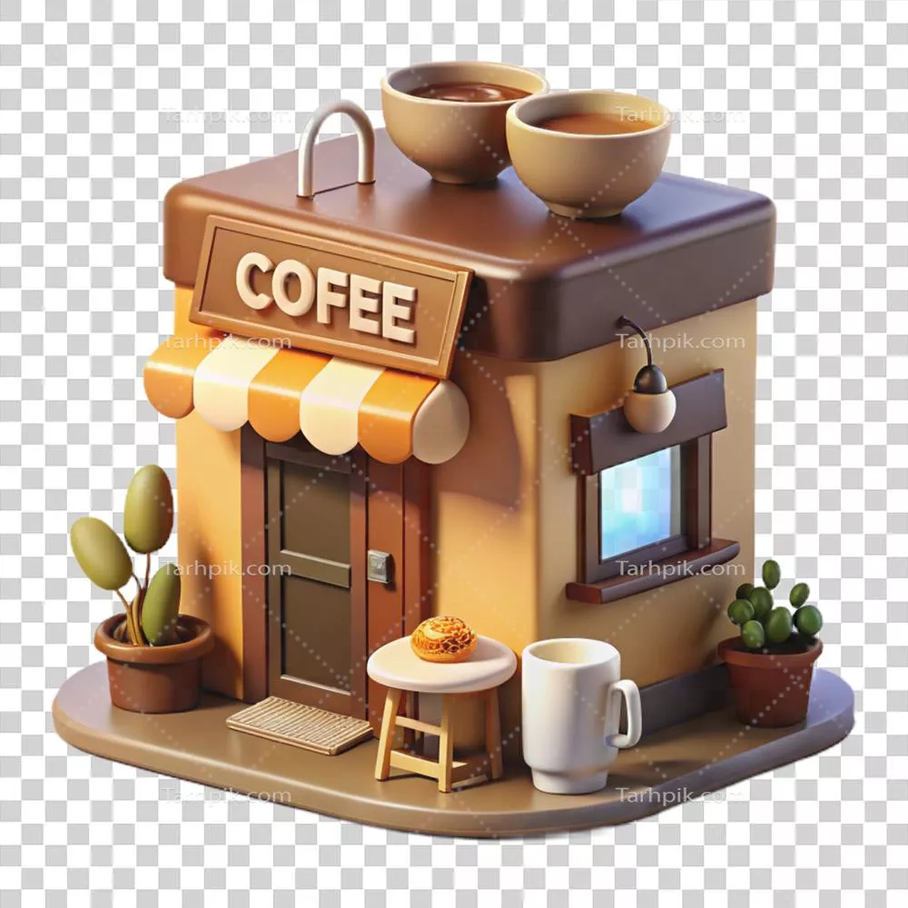عکس دوربری تصویر سهبعدی زیبا و مینیمالیستی از کافیشاپ با کیفیت بالا