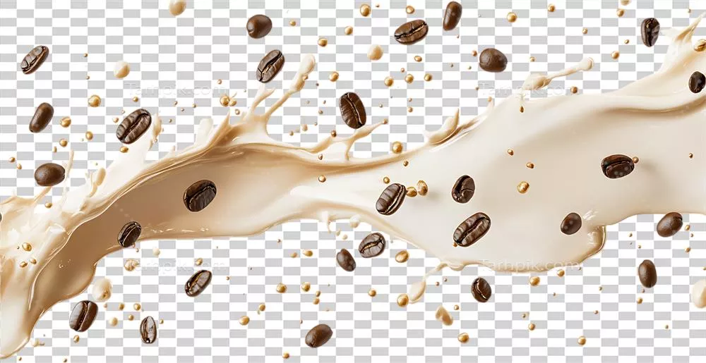 عکس دوربری اسپلش قهوه خامهای با دانههای بو داده و شکلات - ایدهآل برای کافیشاپها و کافهها