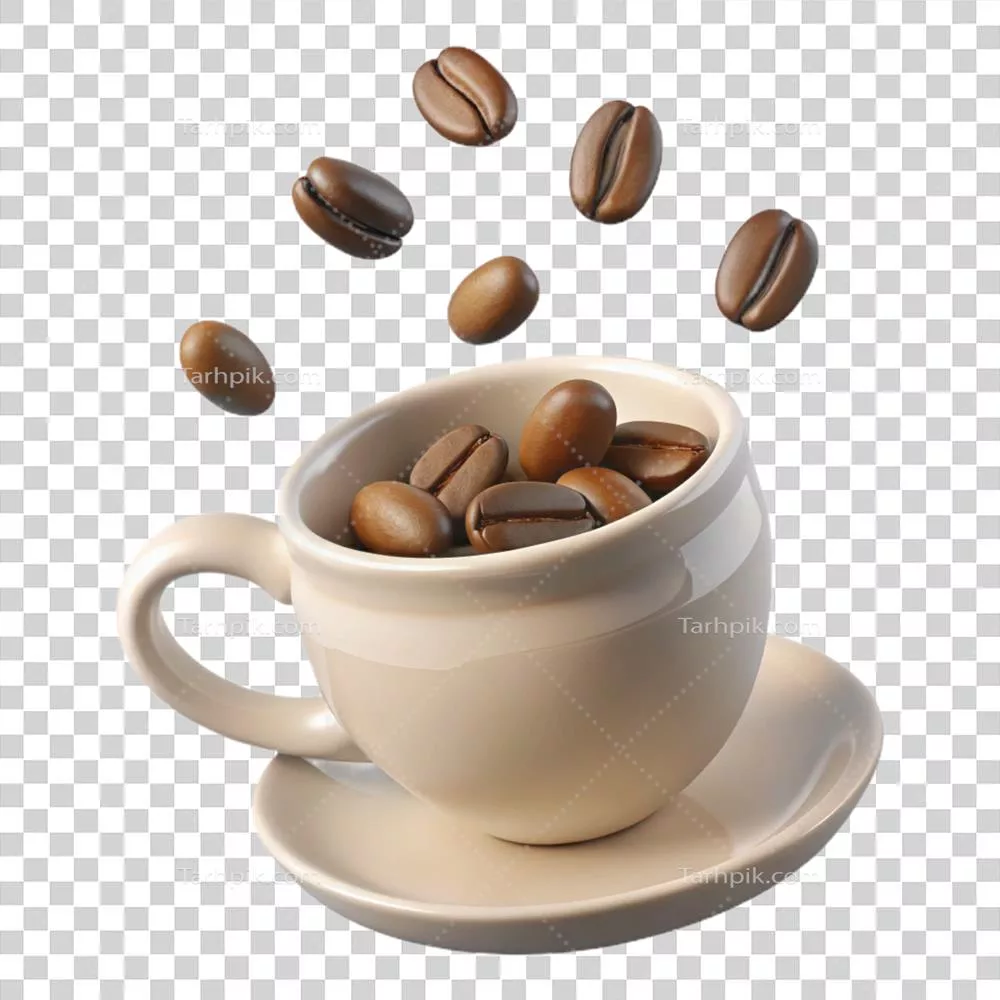 عکس دوربری فنجان قهوه بژ رنگ با دانههای قهوهای که به داخل آن میریزد بر روی نعلبکی