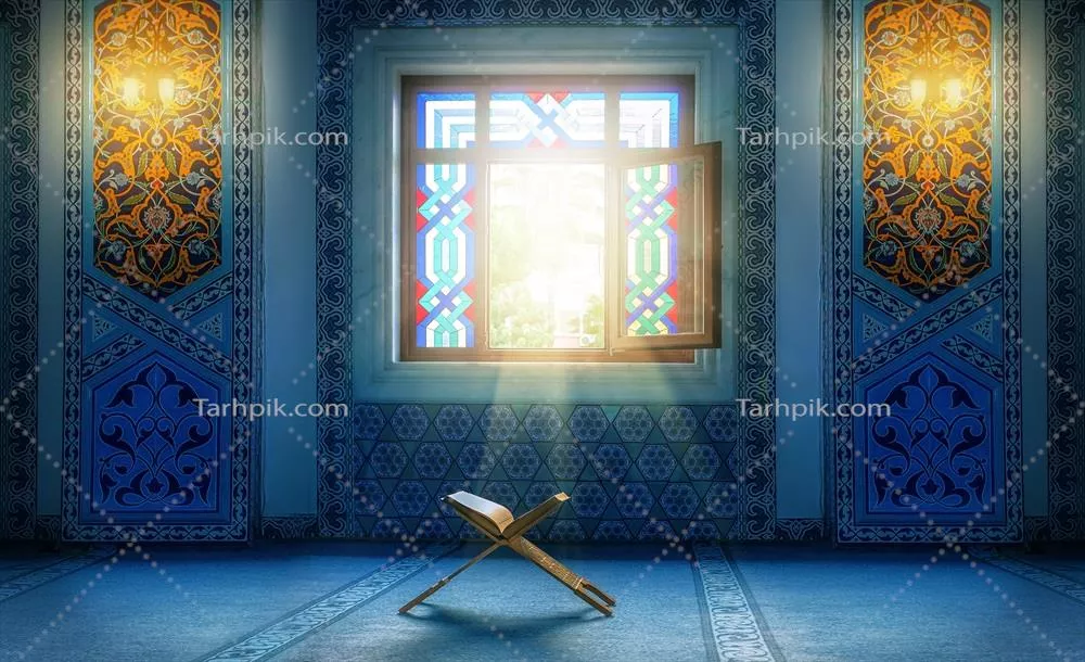 عکس تصویر قرآن در مسجد با نور تابنده از پنجره شیشهای رنگی