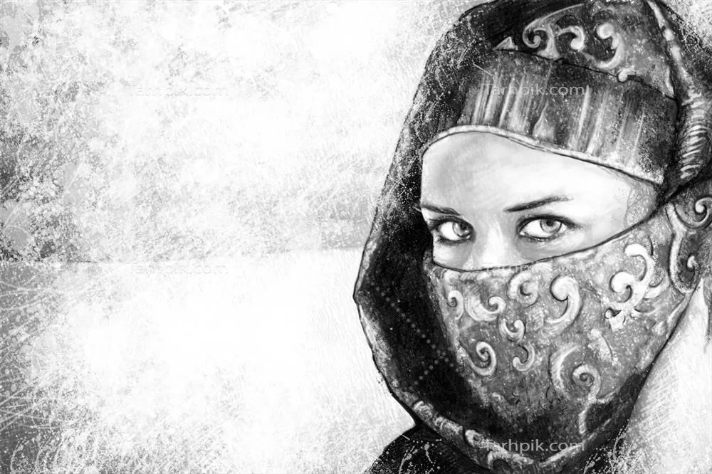 عکس پرتره هنری از زن با پوشش سنتی و نقاب زیبا و نقشدار