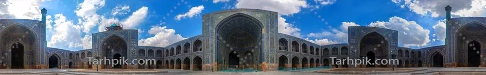 عکس پانورامای مسجد تاریخی با آسمان آبی و معماری اسلامی زیبا