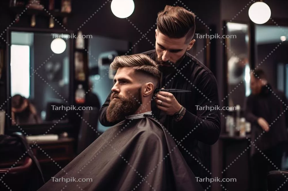 عکس آرایشگر با ریش و کت مشکی که در حال کوتاه کردن موی مشتری است