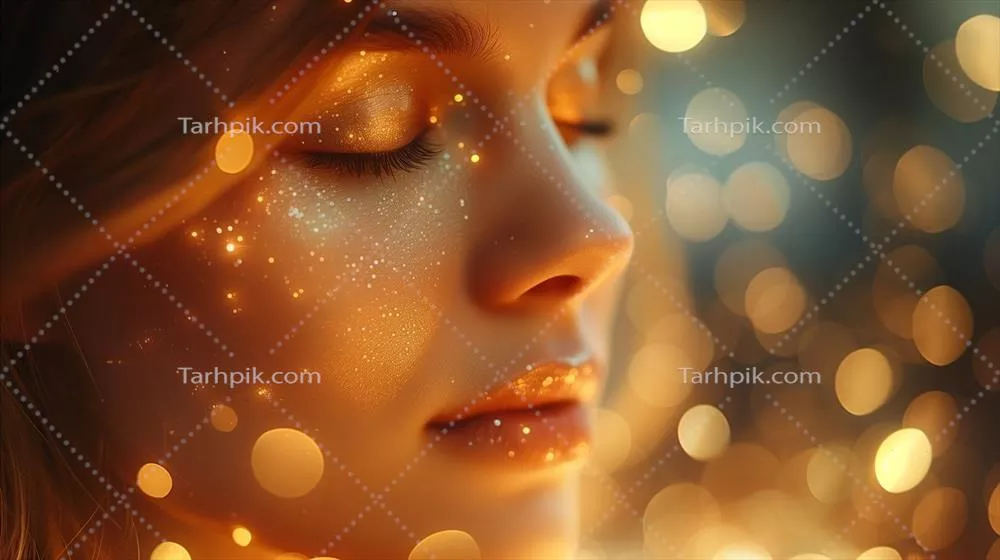 عکس تک تصویر نزدیک از یک زن با آرایش براق و درخشان در چهره