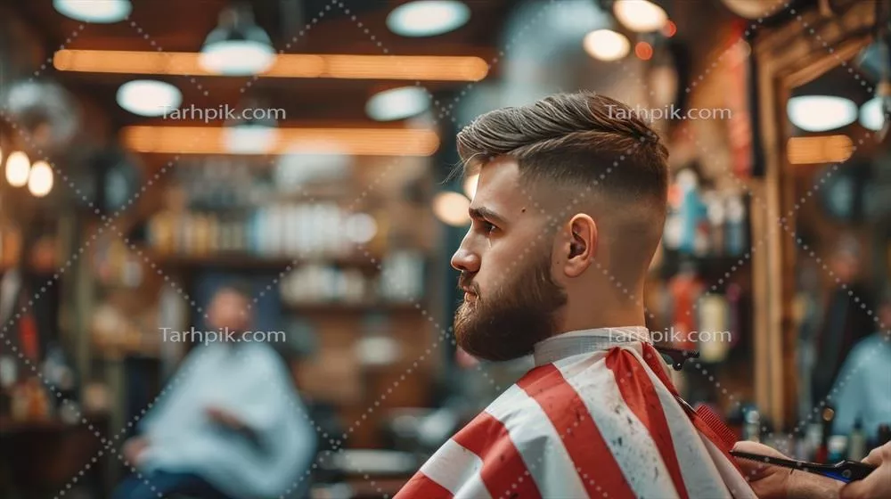 عکس باربر جوان و خوشتیپ هوش مصنوعی در حال انجام کوتاهی مو برای مشتری خود