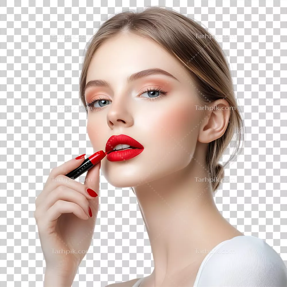 عکس دوربری زنی جوان با دقت رژ لب قرمز را بر لبان خود میزند