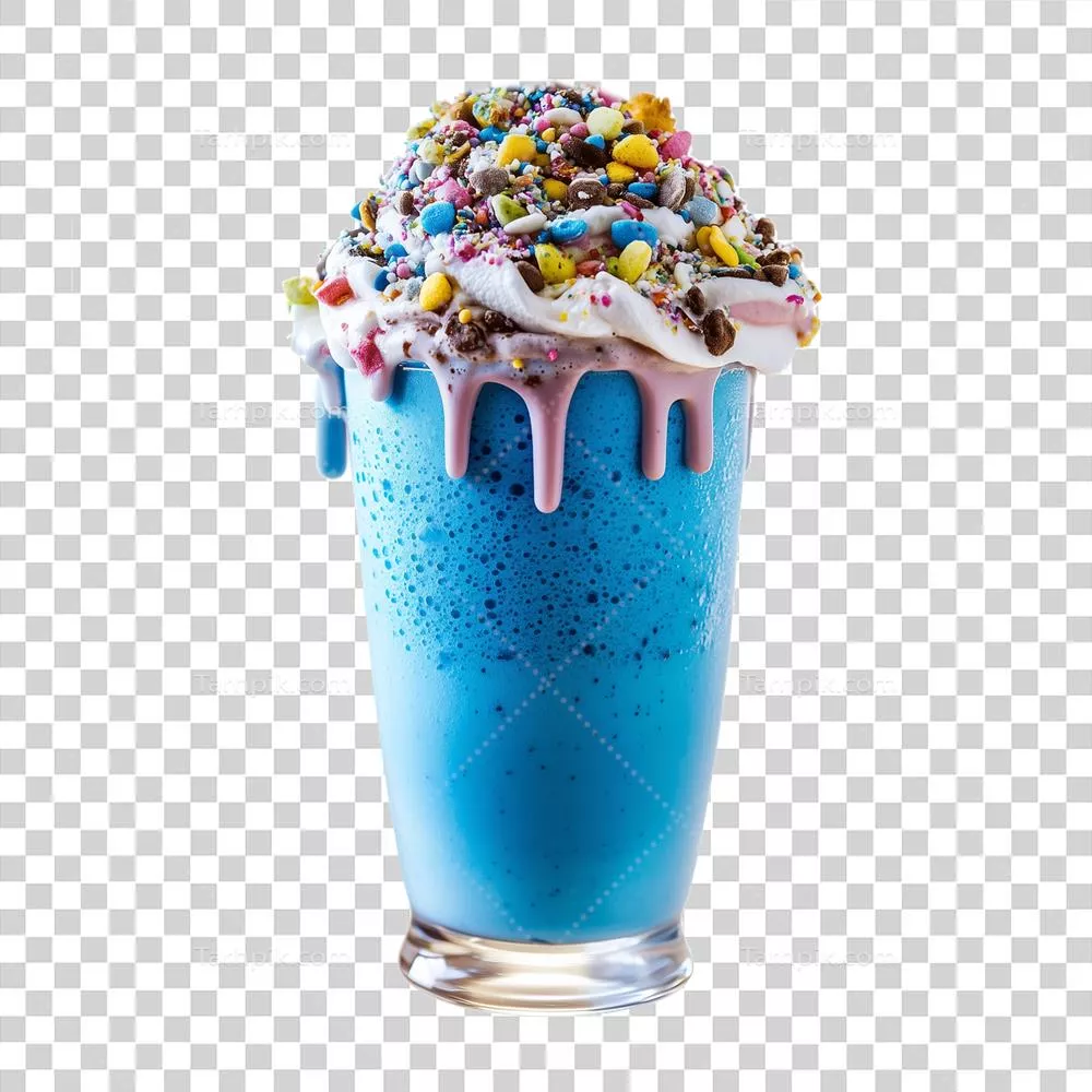 عکس دوربری میلک شیک آبی خوش رنگ با خامه و تزیینات رنگین کمانی